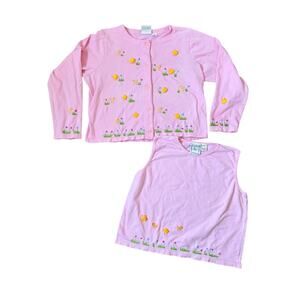 VTG Michael Simon Lite Cotton Pink Embroidered Chick XL Cardigan & Matching Tank
